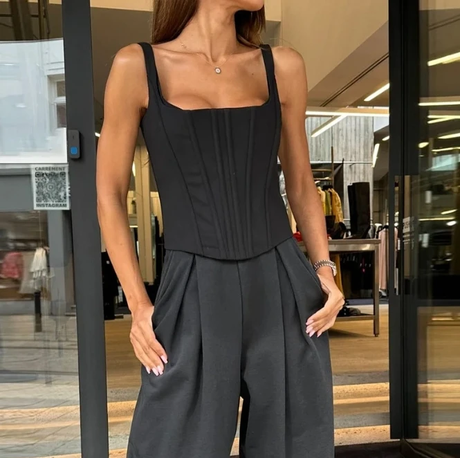 2 Piece Sets Women Outfit 2023 Summer New Fashion Casual Solid Loose Strap Tank Top&high Waist Wide Leg Trouser Set