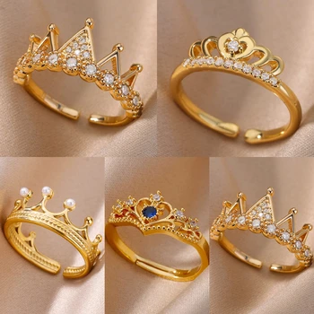 Zircon Crown Rings For Women Vintage Stainless Steel Gold Color Crown Open Ring Wedding Aesthetic Jewelry Gift bijoux femme 1