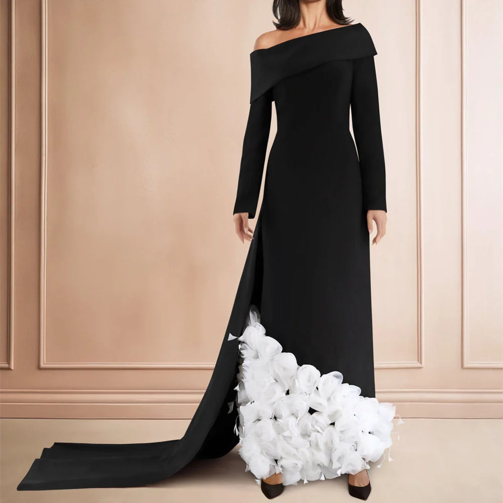 

ROYET Flower One Shoulder Full Sleeve Pleat Evening Gown Ankle Length Sweep TrainLuxury Vintage Long Mermaid Prom Gown