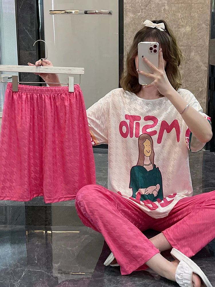 

Pajamas Women's Summer Fashion Luxury Ice Silk Thin Short Sleeve Large Size Can Be Worn Outside Spring and Autumn Home Clothes