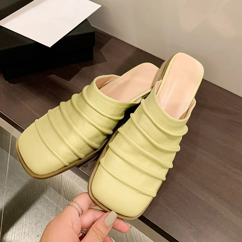 

Fashion Women Mules Genuine Leather Flat Shoes Brief Design Square Toe Lady Footwear Spring Autumn Women Pleated Flats Size 40