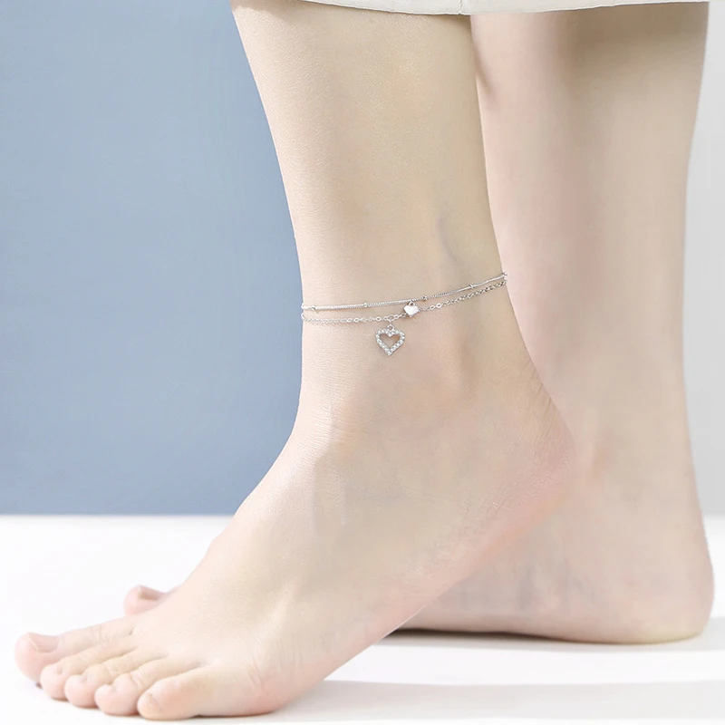 새로운 패션 하트 라인 석 CZ 펜던트 더블 레이어 Anklets 여성 쥬얼리 여름 지르콘 발 체인 팔찌