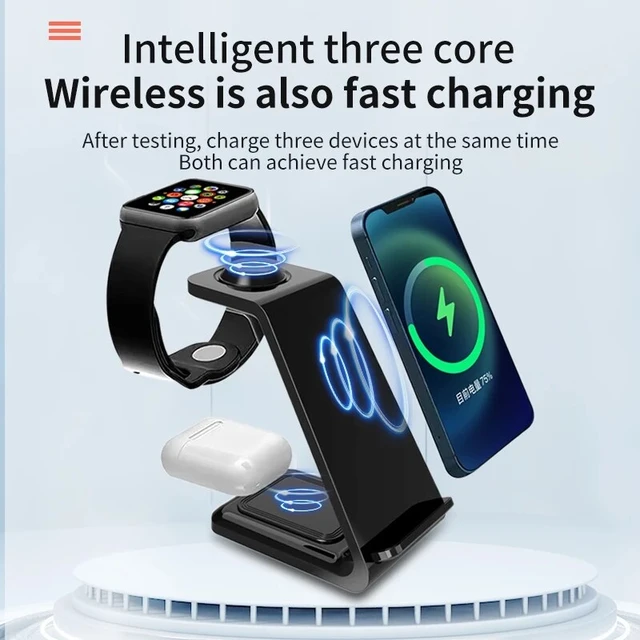 Chargeur sans Fil,Station De Recharge Inductive pour Iphone,3 en 1 Mobile  Rapide 18w,Iphone 14/13/12/11/Pro Max/Galaxy/Apple Watch 8/Airpods 3 (Black)
