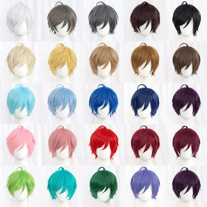 Anime Wigs Short Straight Cosplay Heat Resistant Hair White Green Purple Brown Black Blue Gray Blond Orange Red Gold Fluffy