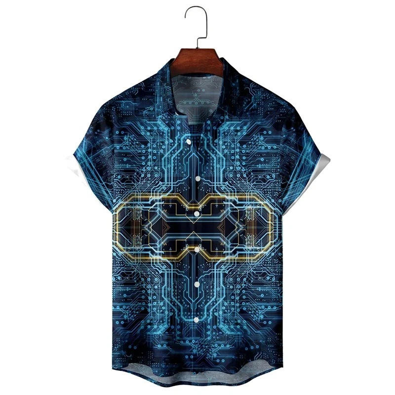 thumbnail image 1 of Camisa con estampado 3D de chip electrónico para hombre, camisa retro minimalista informal de verano, camisa personalizada con botón de ingeniero para hombre, 1 of 4