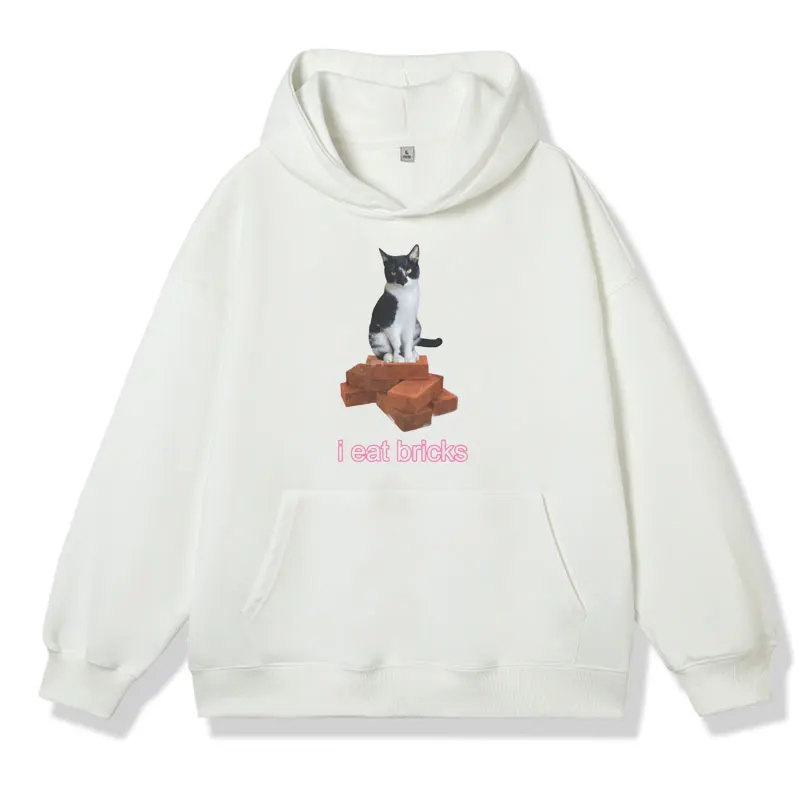 I Eat Bricks Cute Cat Funny Meme Graphic Hoodie Male Fashion Casual Sweatshirt Men Women Clothing Streetwear Oversized Pullover