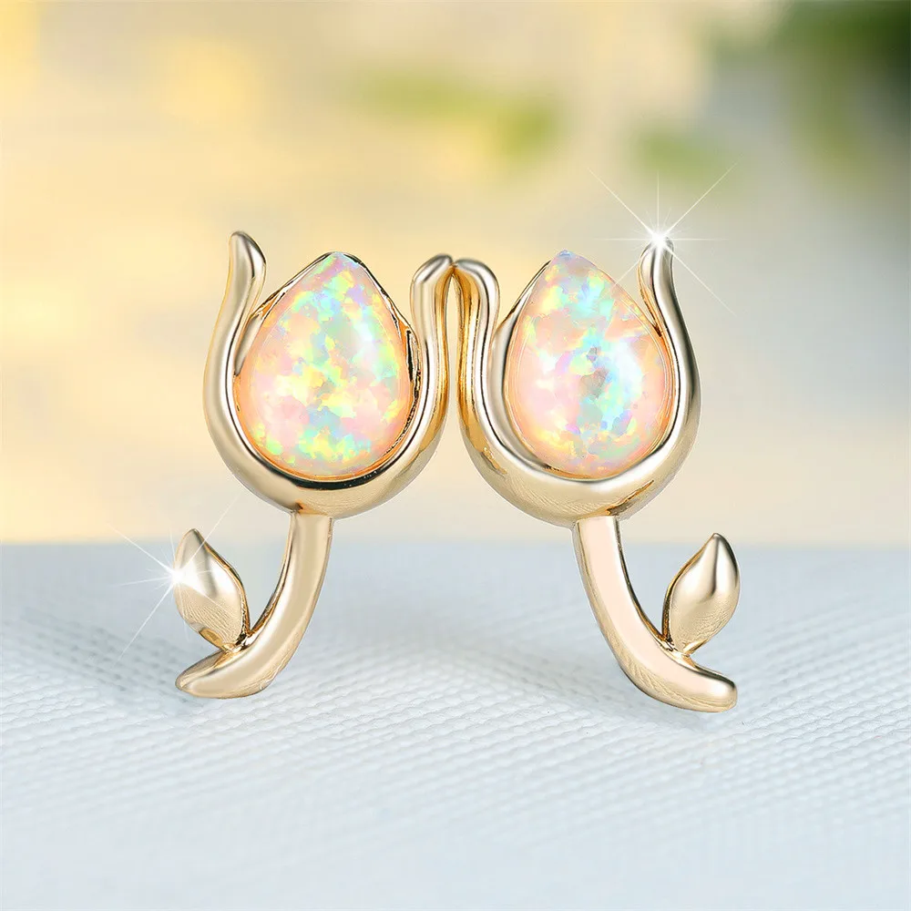 White Fire Opal Water Drop Stone Rose Flower Stud Earrings For Women Rose Gold Silver Color Wedding Jewelry Valentine's Day Gift