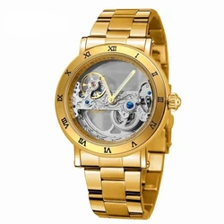 Men Skeleton Watch Cow Leather Band Fashionable Wrist Watch Golden Plate Mechanical Watch