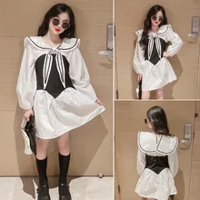 

Girls' Doll Collar Dress Spring 2022 Children White Princess Autumn Long Sleeve Girl Costume Fashion Splicing Clothes for Teens