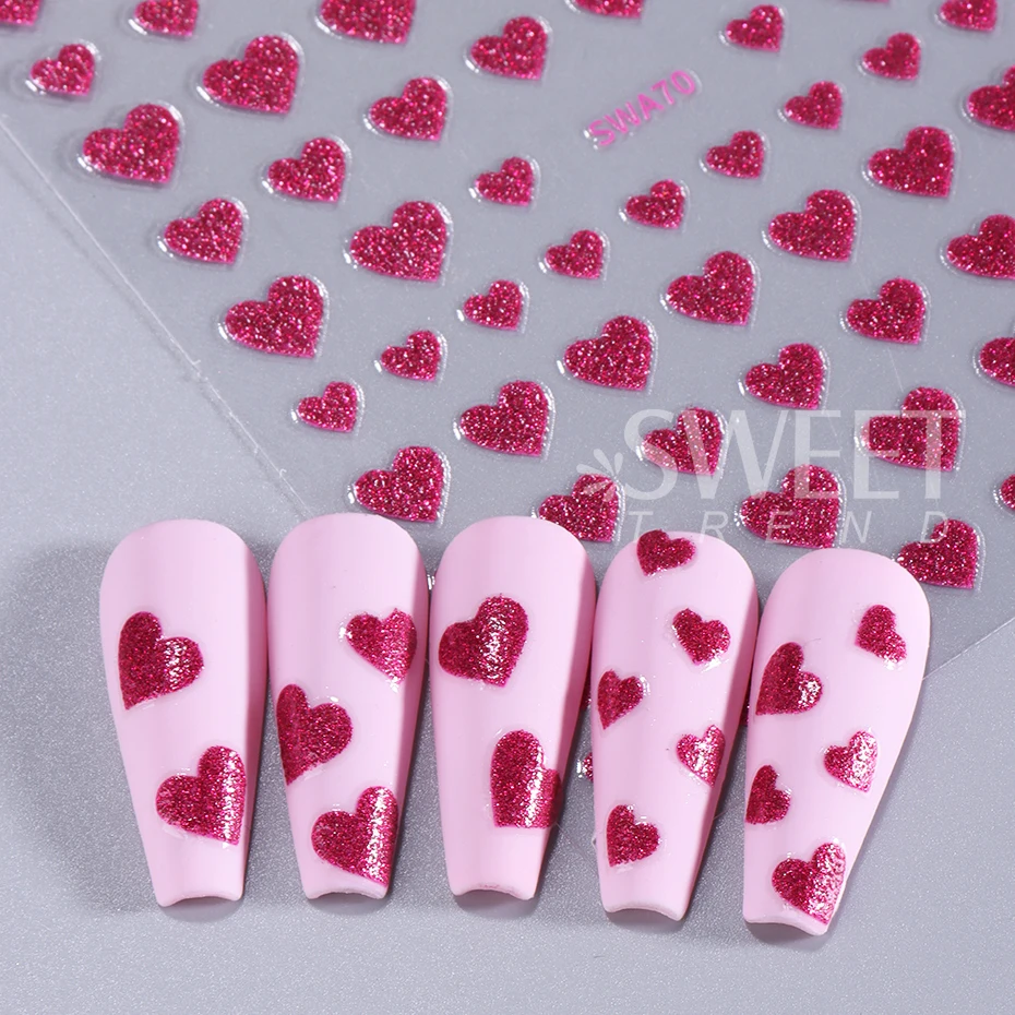 3pcs Glitter Love Heart 3D Nail Stickers Luxury Red Pink Love Nail Decals DIY Adhesive Slider Valentine Romantic Manicure Decor