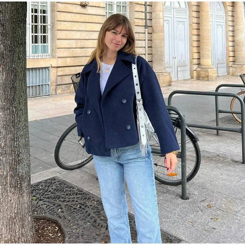 Loose Woolen Blends Coat Women Solid Lapel Double Breasted Pockets Jackets Autumn Winter Fashion Lady Office Outwear New