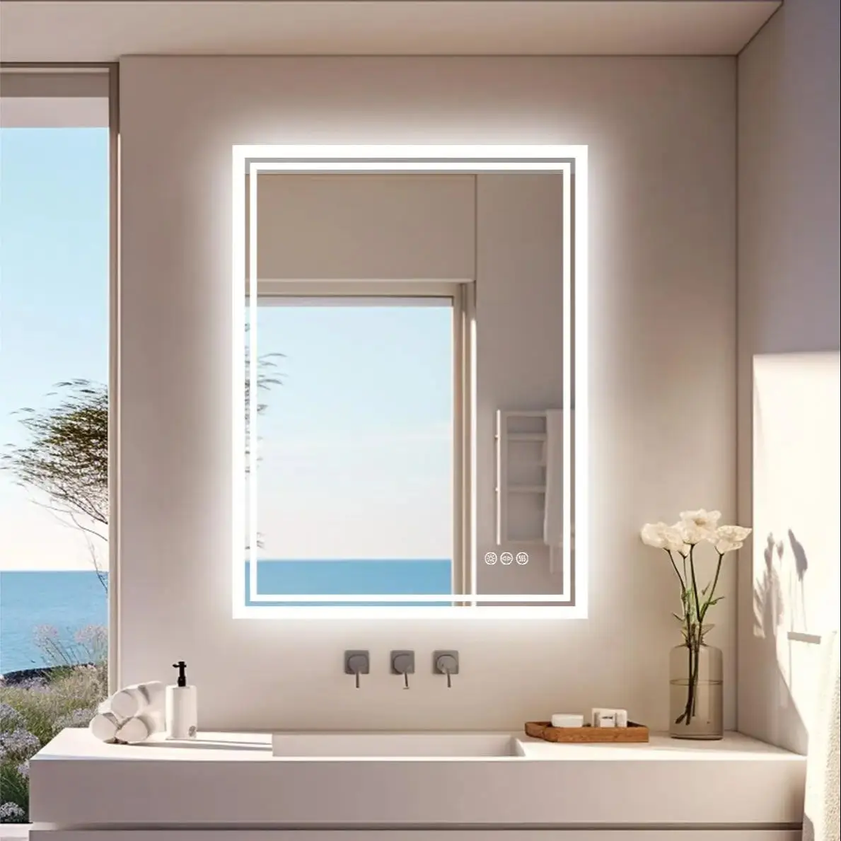 LED Light Bathroom Mirror Illuminated Wall Mounted Vanity Makeup Anti-Fog Rectangle 3 Colors Touch Light — view 2