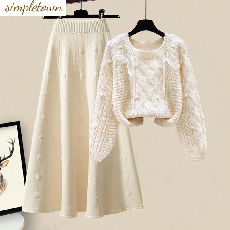 Autumn and Winter Set 2023 New Korean Large Women's Dress Style Lazy Knitted Sweater Slim Half Skirt Two Piece Set