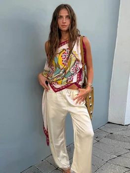 Women Off Shoulder Scarf Print Top Asymmetrical Hem Satin Fashion Blouse 2026 Summer Boho Elegant Vacation Casual Fashion Tops 1