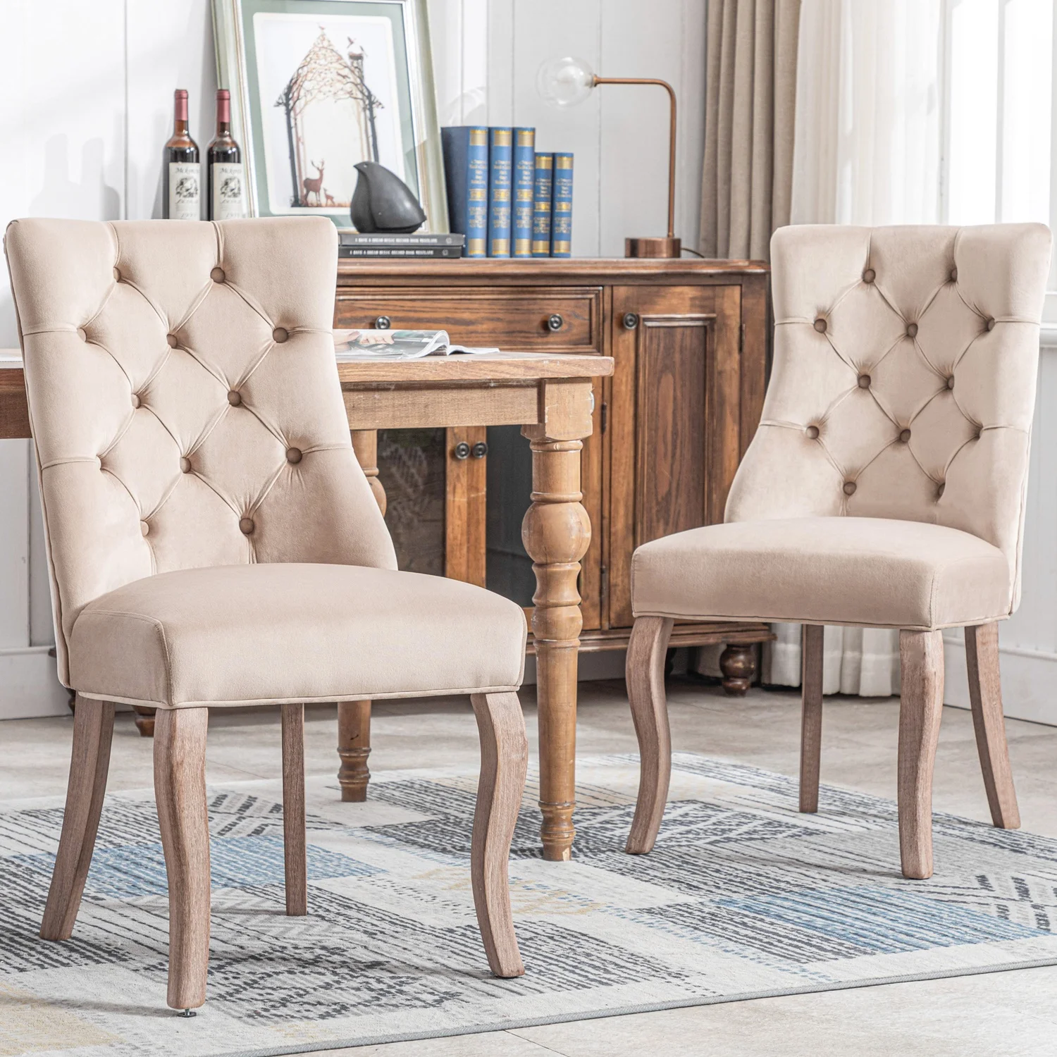 1 Pair of Elegant 4-foot Chair, Beige Velvet Dining Chair, High Backrest, With Button Padding, Solid Wood Frame, Beige – Detail 1