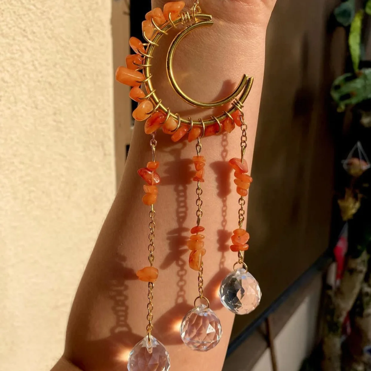 Natural Amethyst Stone Hollow Moon Crystal Decorative Wind Chime Sun Catcher Stone Necklace Crystal Necklace Jewelry Charms