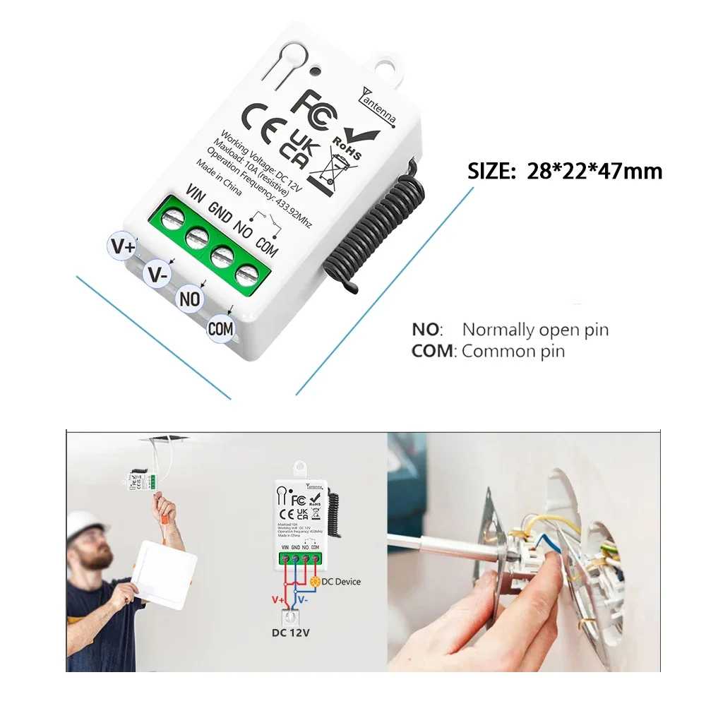 범용 차고 문짝 리모컨 무선 스위치, LED 조명 문짝 전자기 잠금용 미니 리시버, DC12V, 1CH, 10A, 433MHz
