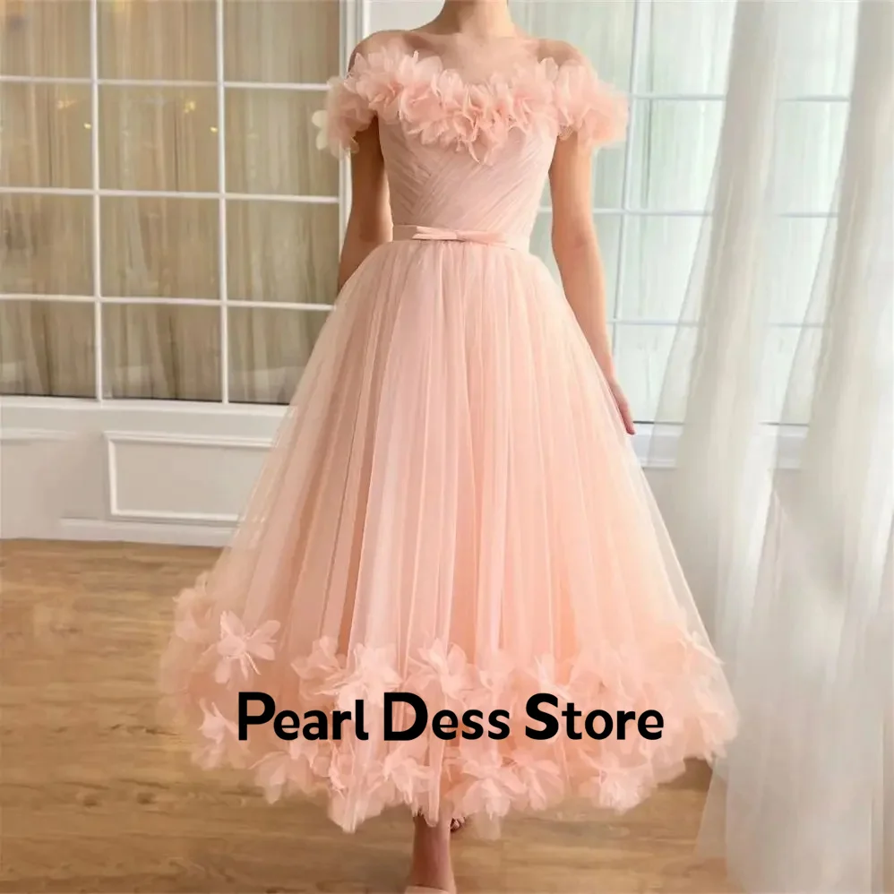 

Off shoulder sheer evening dress with floral sweetheart Pastrol A-line tea long lace up back dance dress 2024