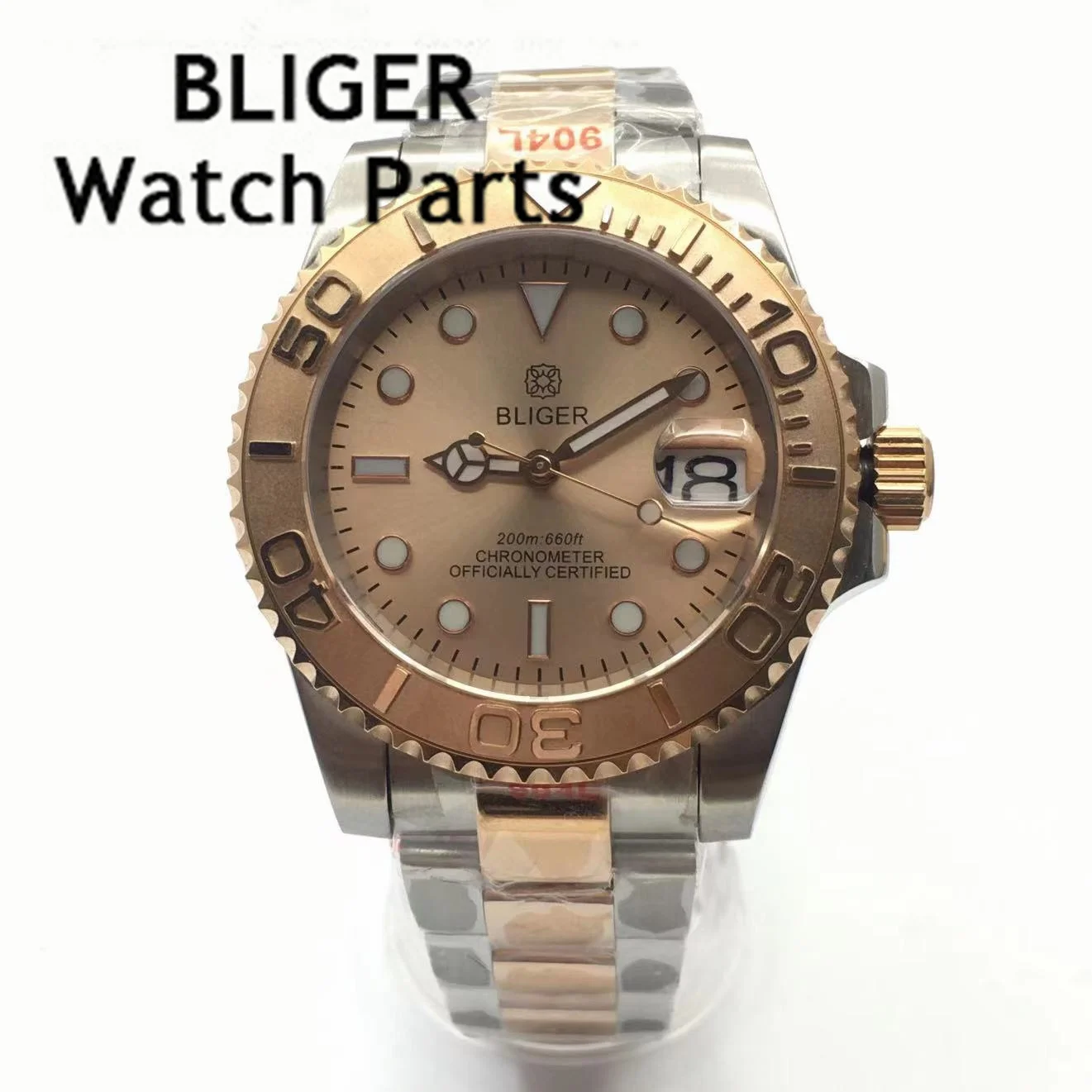 BLIGER 40mm Mechanical Men Watch Sapphire Glass NH35 Movement Rose Gold Dial Steel Bracelet Ceramic Bezel