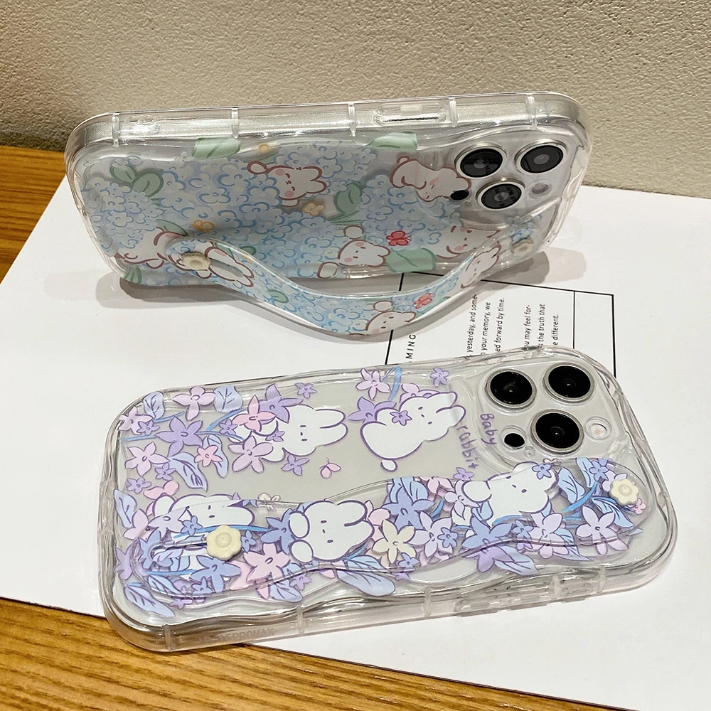 Floral Rabbit Design Phone Case with Wrist Strap and Holder