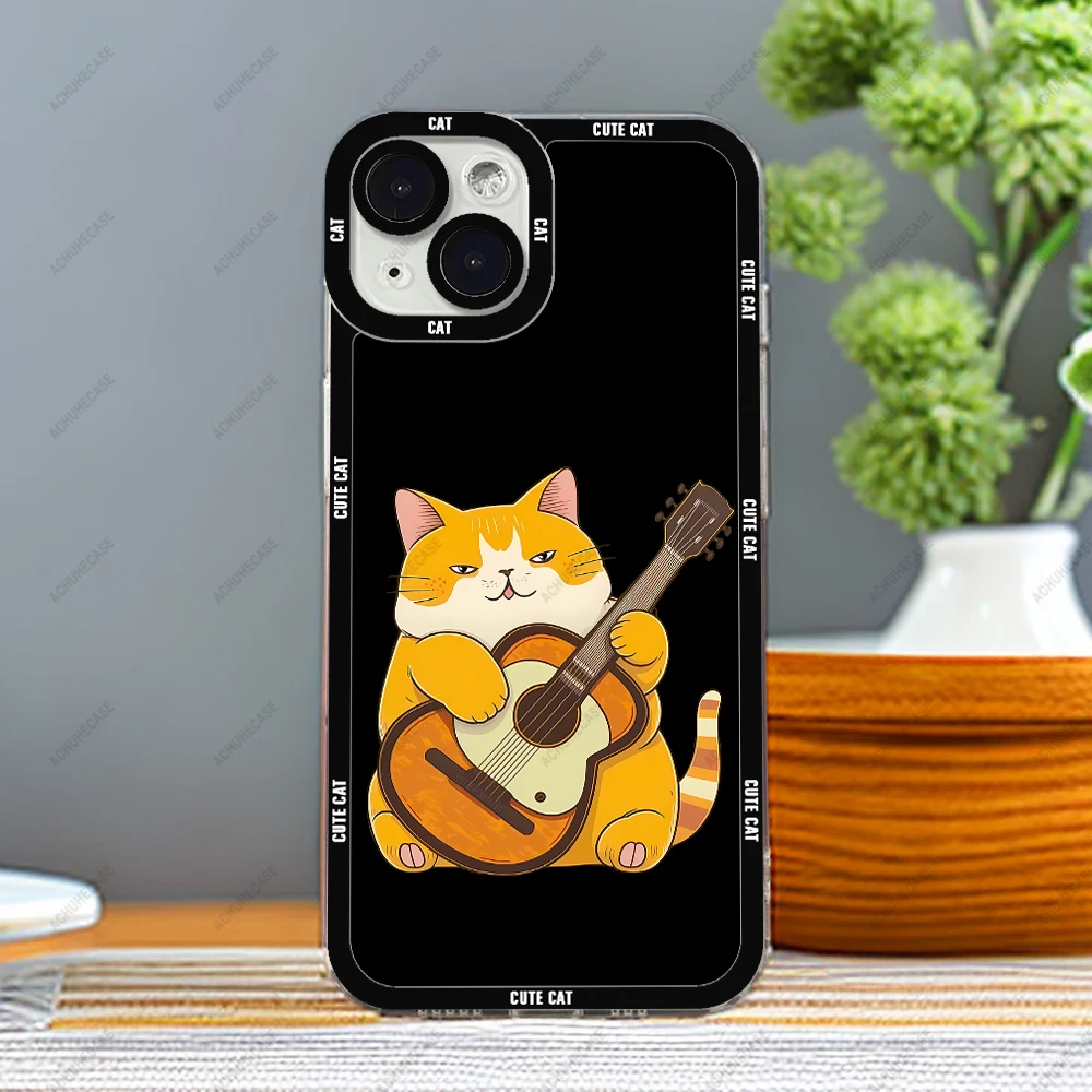 thumbnail image 1 of Guitar Cat Phone Case For iPhone 16 Plus 15 14 13 12 Pro Max Mini 11 XS X XR Soft Silicone Cover, 1 of 4