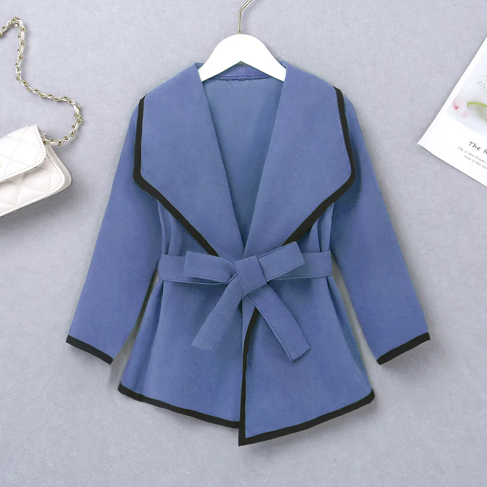 

Solid Color Windbreaker New Girl's Autumn Solid Color V-neck Long-sleeved Windbreaker Casacos De Trincheiras Girls Coat