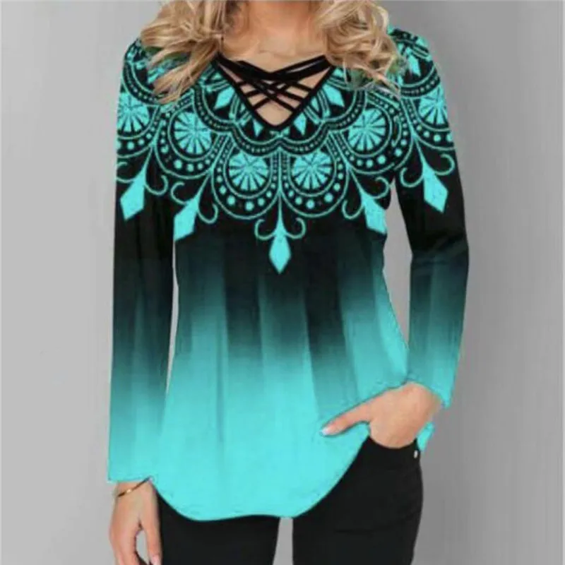 

Oversized Spring Women Blouses Long Sleeve Gradient Element Print Shirts Casual Cross Bandage V-Neck Ladies Tops Plus Size 5XL