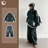 Hip Hop Street Denim Set Men Vintage Stand Collar Washed Denim Pullover+Harajuku Wide Leg Jeans 2-piece Japanese Couple Suit 1