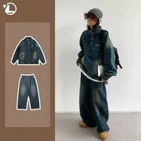 Hip Hop Street Denim Set Men Vintage Stand Collar Washed Denim Pullover+Harajuku Wide Leg Jeans 2-piece Japanese Couple Suit 1