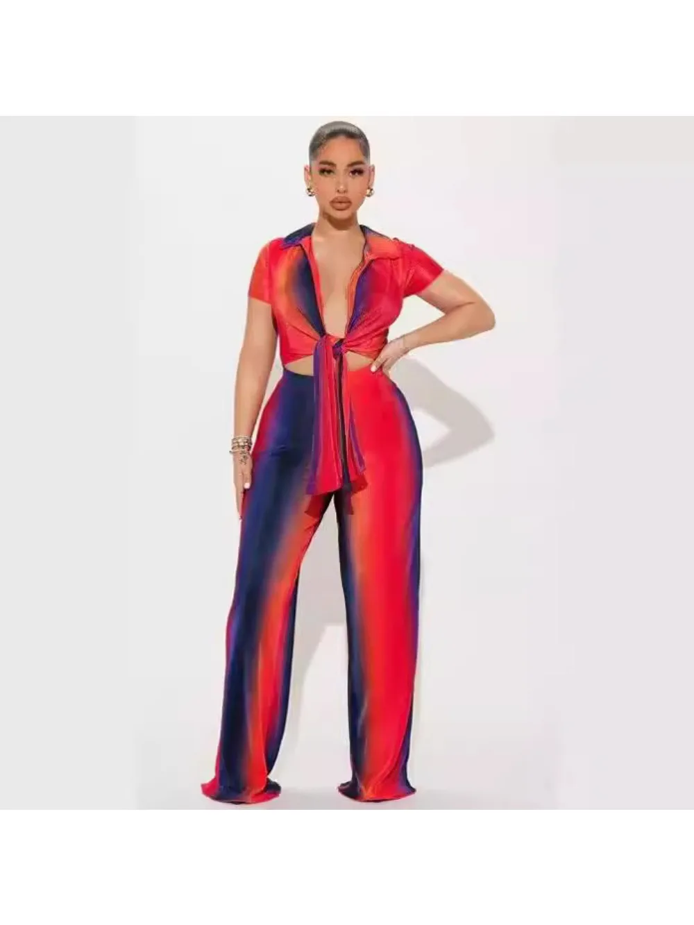 Summer Fashion Print Two Piece Set Women Casual Beach Style Tie Up Shirt Wide Leg Pants Two Piece Set Women