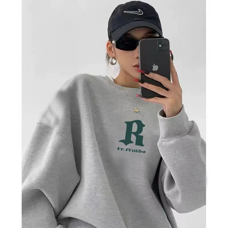 

Autumn and winter cool Korean style lazy style mid-length round neck sweatshirt for women plus velvet versatile long-sleeved top