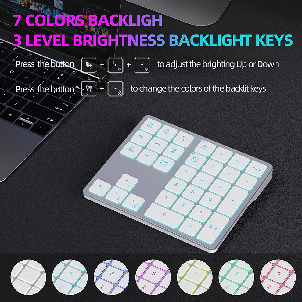 numérico para MacBook e Windows, retroiluminação de 7 cores, 34 chaves