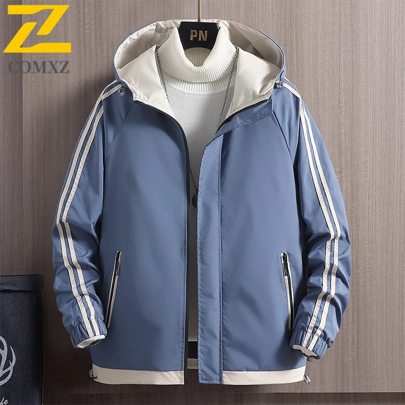 Autumn Winter Men's Jacket Daily Trend Hooded Breathable Jacket Outdoor Sports Fashion Striped Print Crisp Windproof Windbreaker