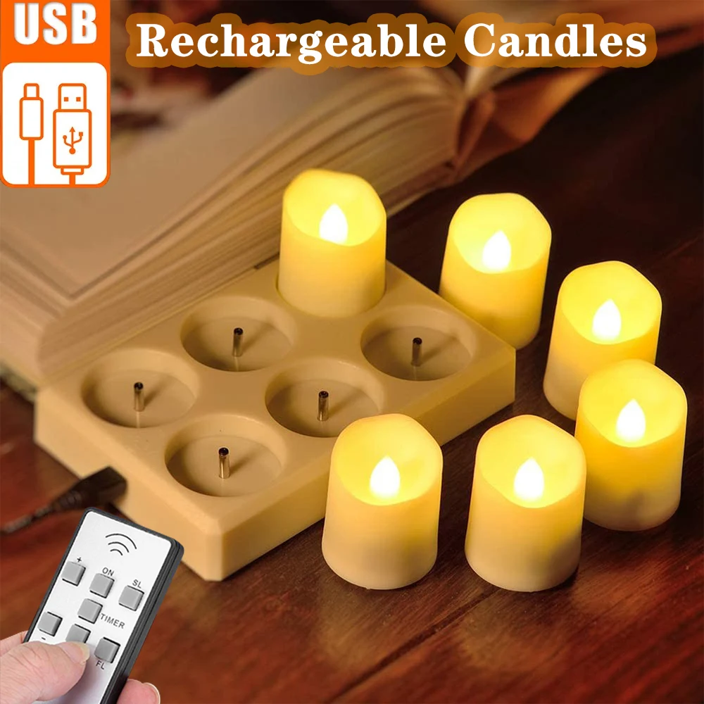 배터리 타이머 포함 LED 촛불, 리모컨 USB 충전식 촛불 램프, 깜빡이, 크리스마스 할로윈 장식, 차 조명