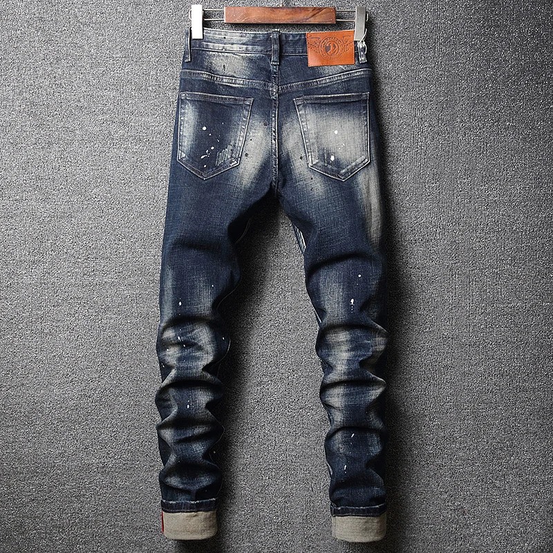 Street Fashion Men Jeans Retro Black Blue Elastic Slim Fit Painted Hole Ripped Jeans Men Patched Designer Hip Hop Pants Hombre