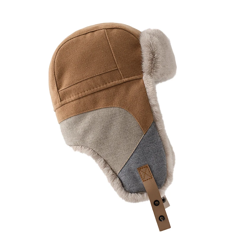 Russian Hat For Men Earflap Pilot Hat Winter Korean Splicing Faux Rabbit Ushak Bomber Trapper Thickened Warm Cap Women's Ski Cap winter hat earflap hat faux fur hat