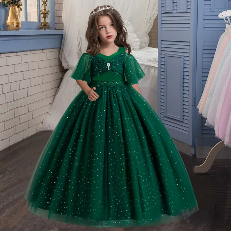

4-14 years old new girls' wedding dress half sleeve princess dress flower girl Pengpeng host performance lace dress 2023 summer