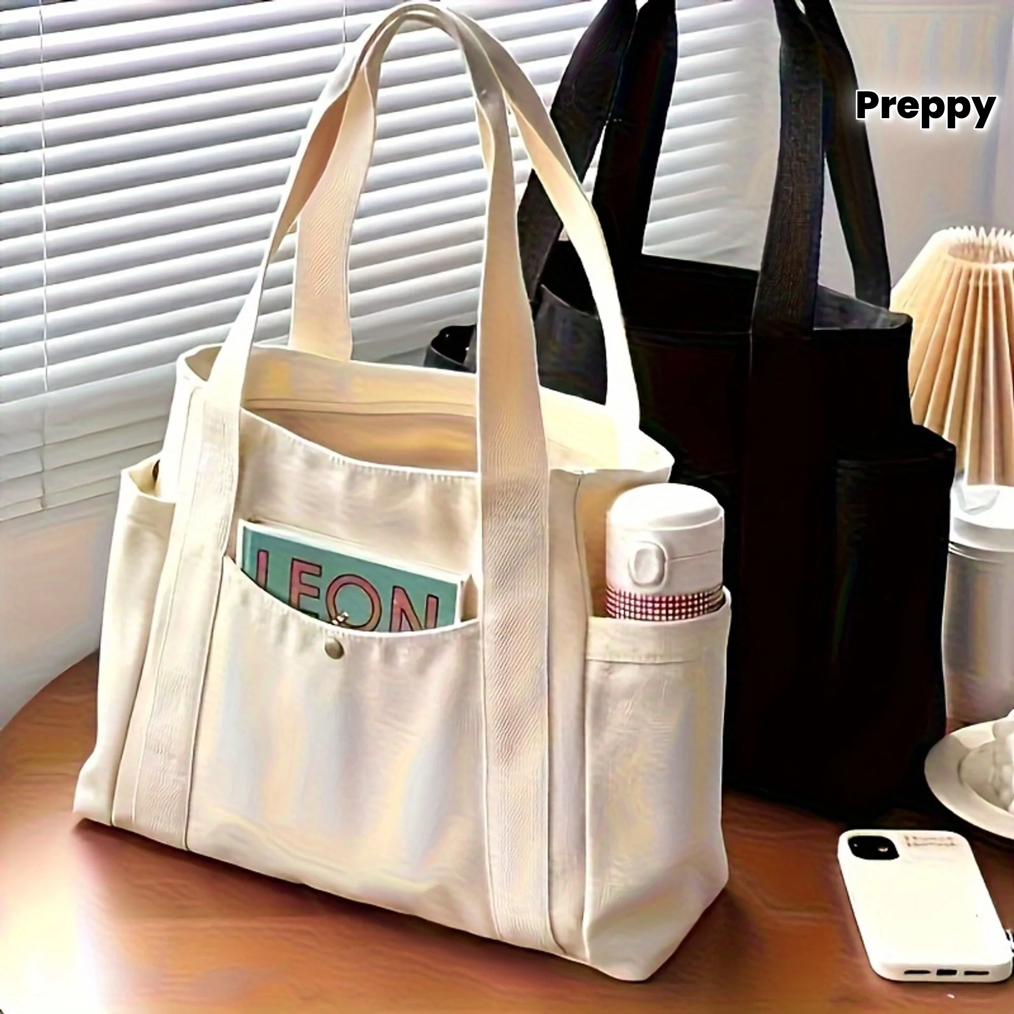 Große Tragetasche mit Reißverschluss - Nylon-Pendlertasche, Beige/Schwarz, Fächer für Uni/Büro/Reisen