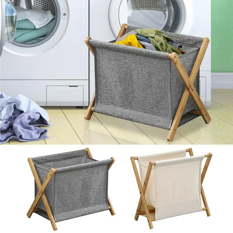 

Laundry Basket Portable Wooden X Frame Foldable Laundry Basket Folding Storage Basket Household Storage Box For Bathroom Clothes