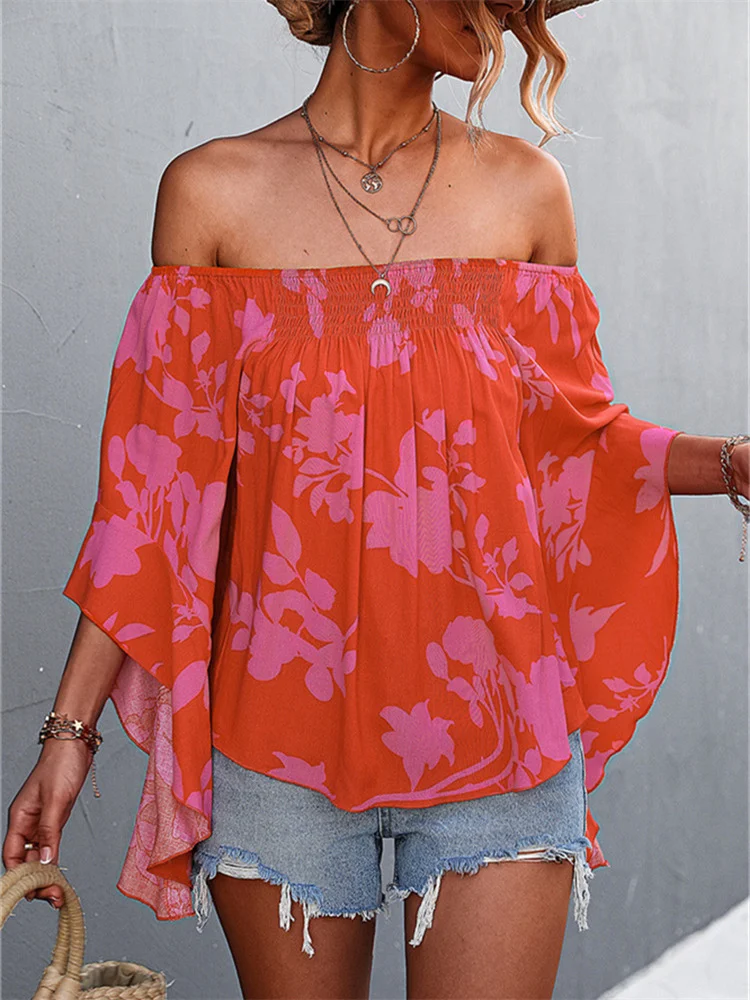 Irregular Sexy Off Shoulder Boho Blouse Shirts Summer Floral Print Women Tops 2022 Spring New Elegant Flare Sleeve Shirt Blusas