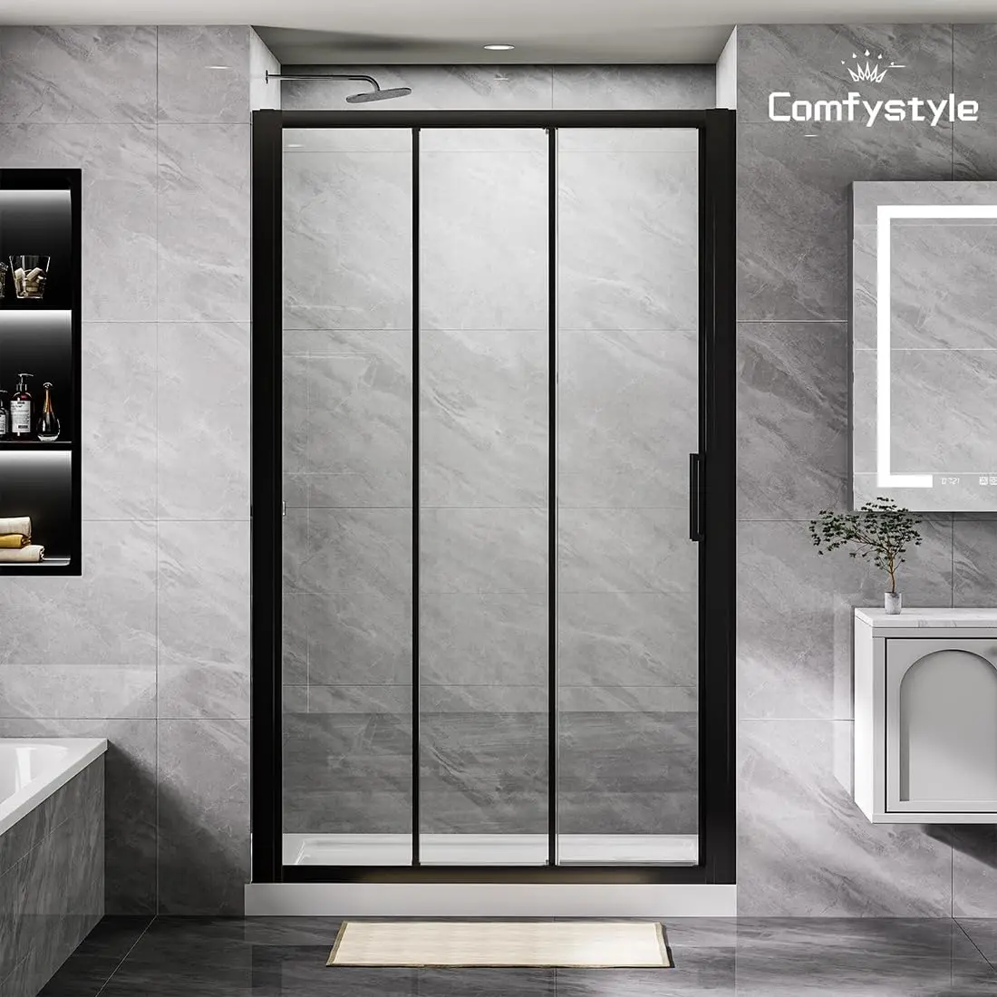 44""-48"" W X70 H Tri-Fold Sliding Shower Door, Glass Shower Door With 1/4"" (6Mm) Clear Sgcc Tempered Glass,Matte Black 2