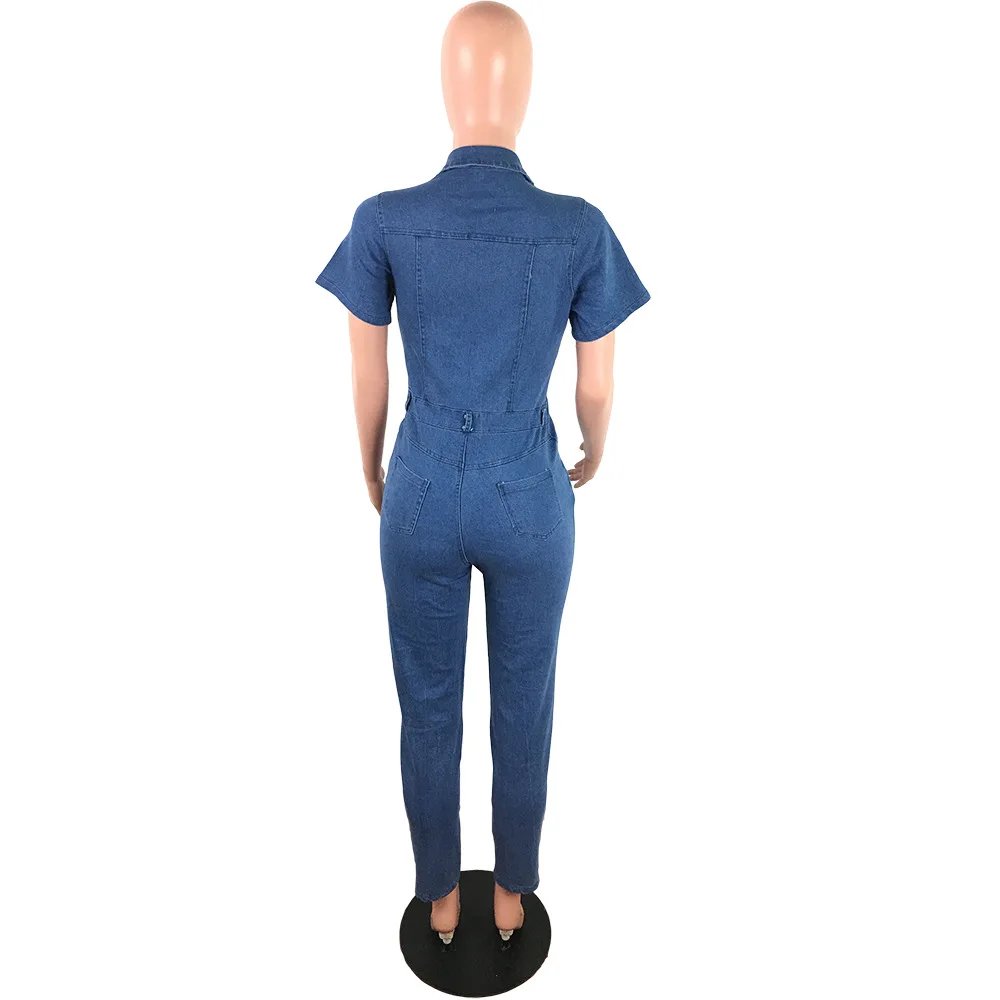 Ladies Fashion Casual Lapel Short Sleeve Skinny Light Blue Denim Jumpsuit Summer Tidal Current Jumpsuit