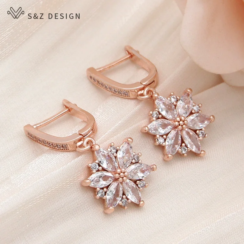 S&Z DESIGN New Fashion 585 Rose Gold Color Flower Dangle Earrings For Women Wedding Party Jewelry Cubic Zirconia Eardrop Gift