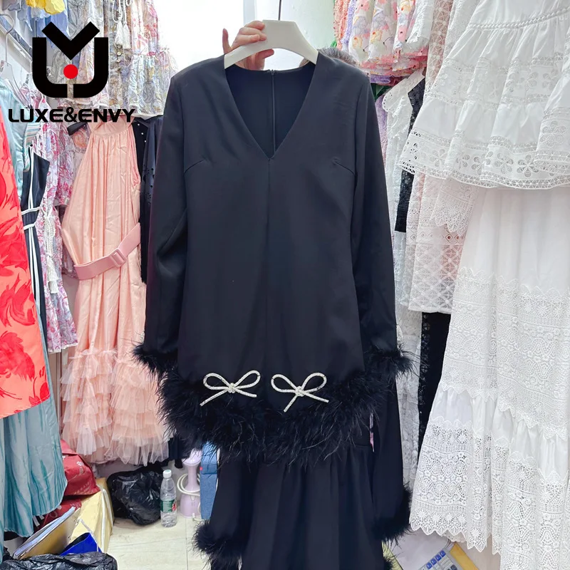 

LUXE&ENVY Thirteen Rows Sexy Deep V Feather Sparkling Bow Decoration Long Sleeve Dress 2023 Autumn