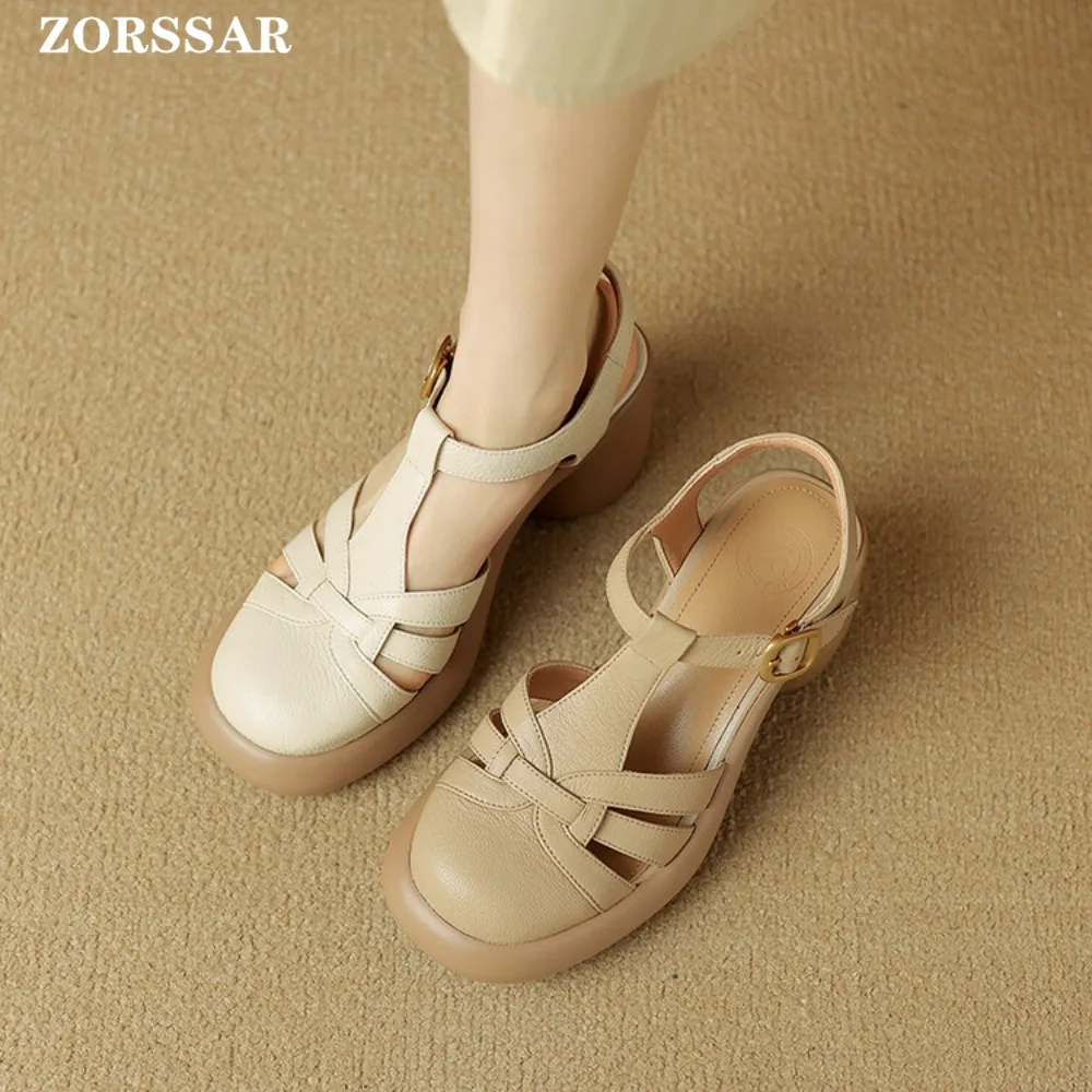 New Fashion Round Toe Genuine Leather Sandals Woman Sexy High Heels Ladies Summer Party Wedding Platform Shoes Women Slingback