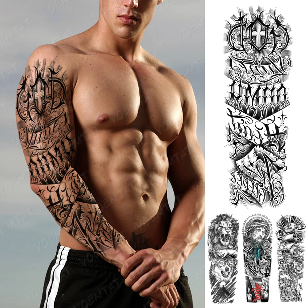 Large Full Arm Sleeve Waterproof Temporary Tattoo Sticker Cross Letter Totem English Word Text Body Art Fake Tattoos Men Women