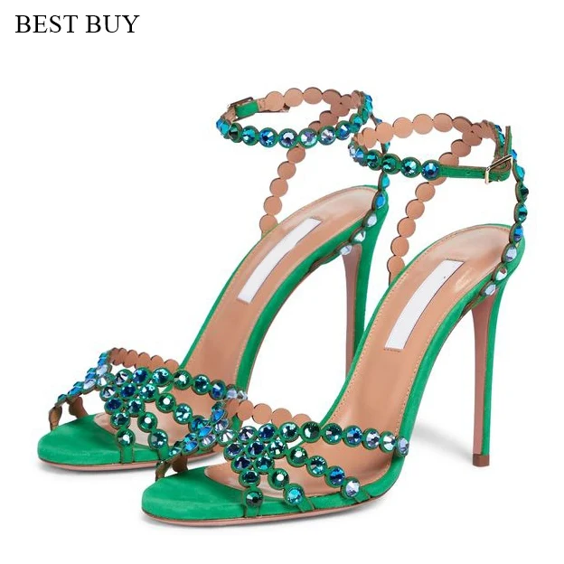 Beaded Wrap Strap High Heel Sandals - Dark Green main image 1