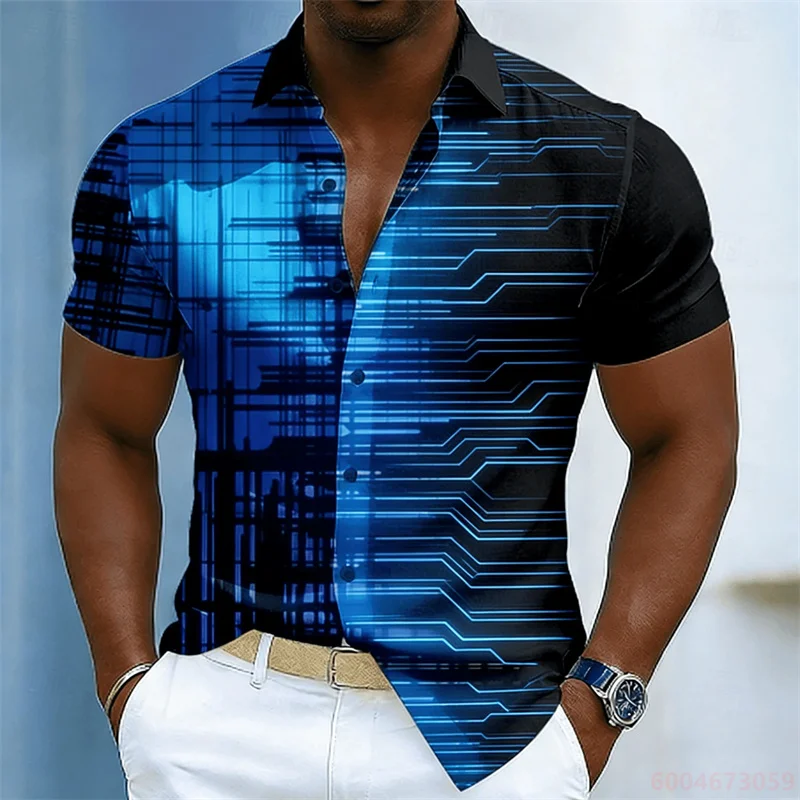 Men's color-blocked abstract striped short-sleeved shirt, summer fashion casual men's shirt, Hawaiian shirt, sizes XS-6XL.