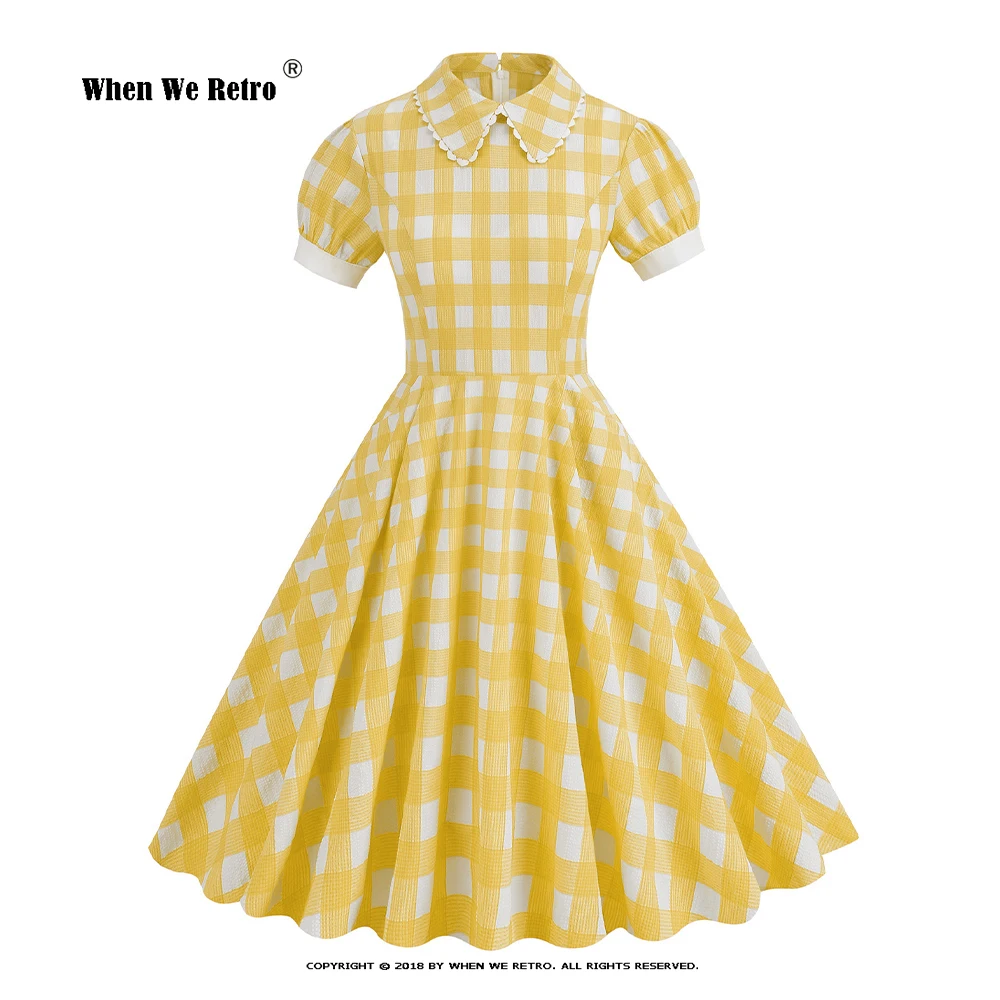 

Summer Casual Swing Dress Plaid Printed Red Peter Pan Collar Retro Vintage Pinup Rockabilly Slim Palace Holiday Dress VD3786