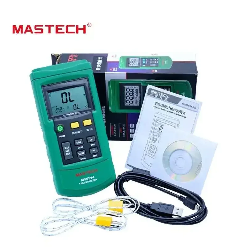 MasTech MS6514 Digital Thermometer Data Logger Dual Channel Temperature Tester USB Interface 1000 Sets Data KJTERSN Thermocouple
